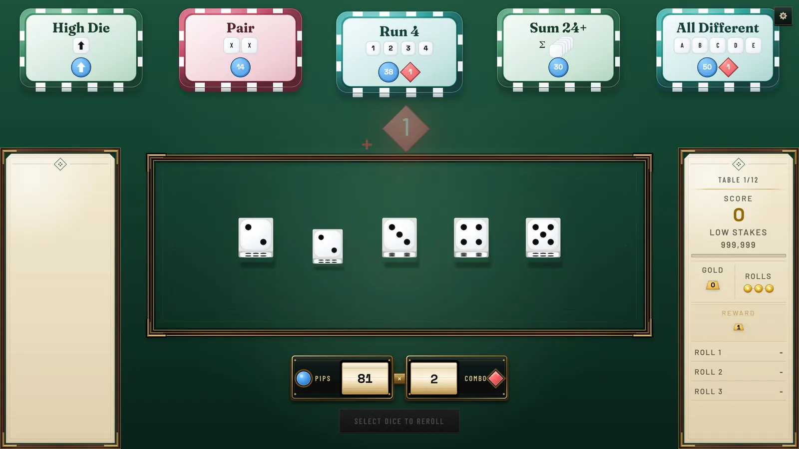 Dice Roll Society gameplay showing a roll scoring across five active Plaques