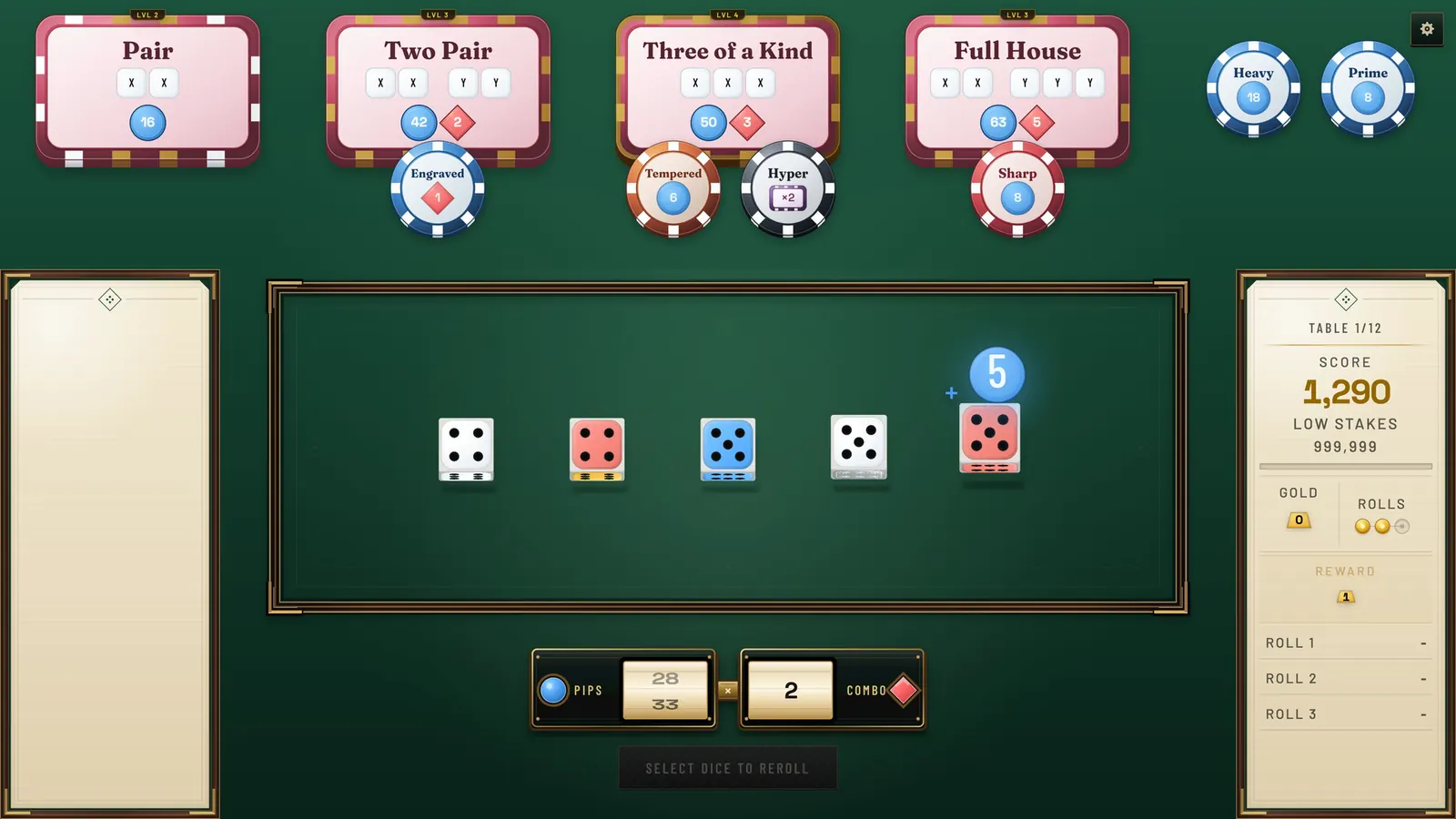 Экран удержания и переброса в Dice Roll Society: сохранённая Пара и три кости ещё в игре