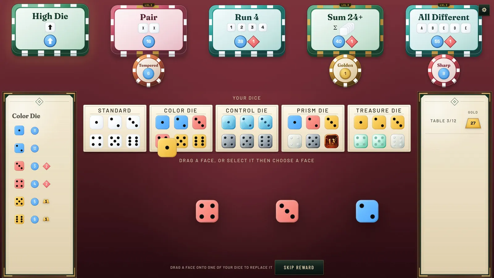 Экран ковки граней в Dice Roll Society: пять своих костей и выбор граней